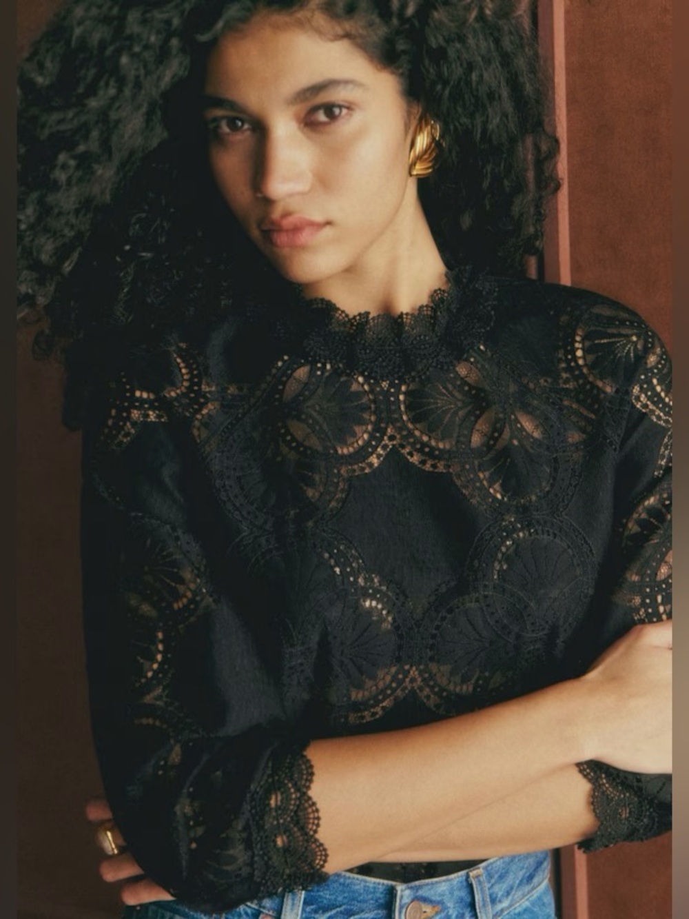 Sezane Black Eyelet Lace High-Neck Blouse